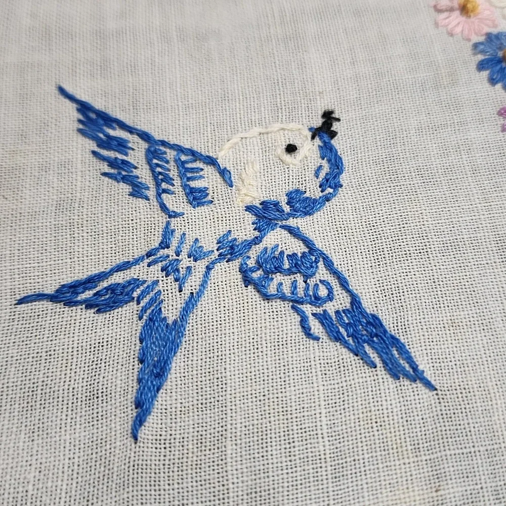 Antique Hand Embroidered Table Runner Bluebird Floral Crochet Lace Trim 36x11